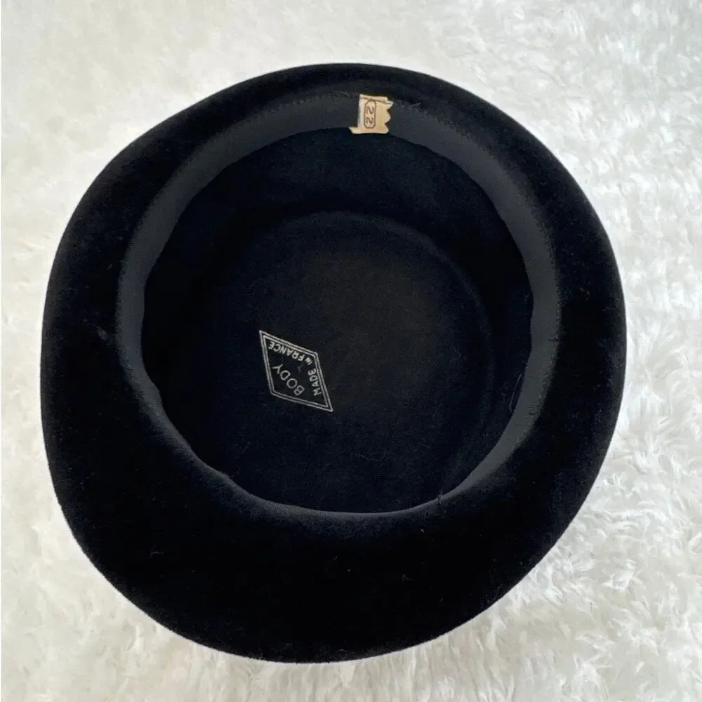 Vintage 50's French Black Velvet Cocktail Hat with Ribbon band retro veil style